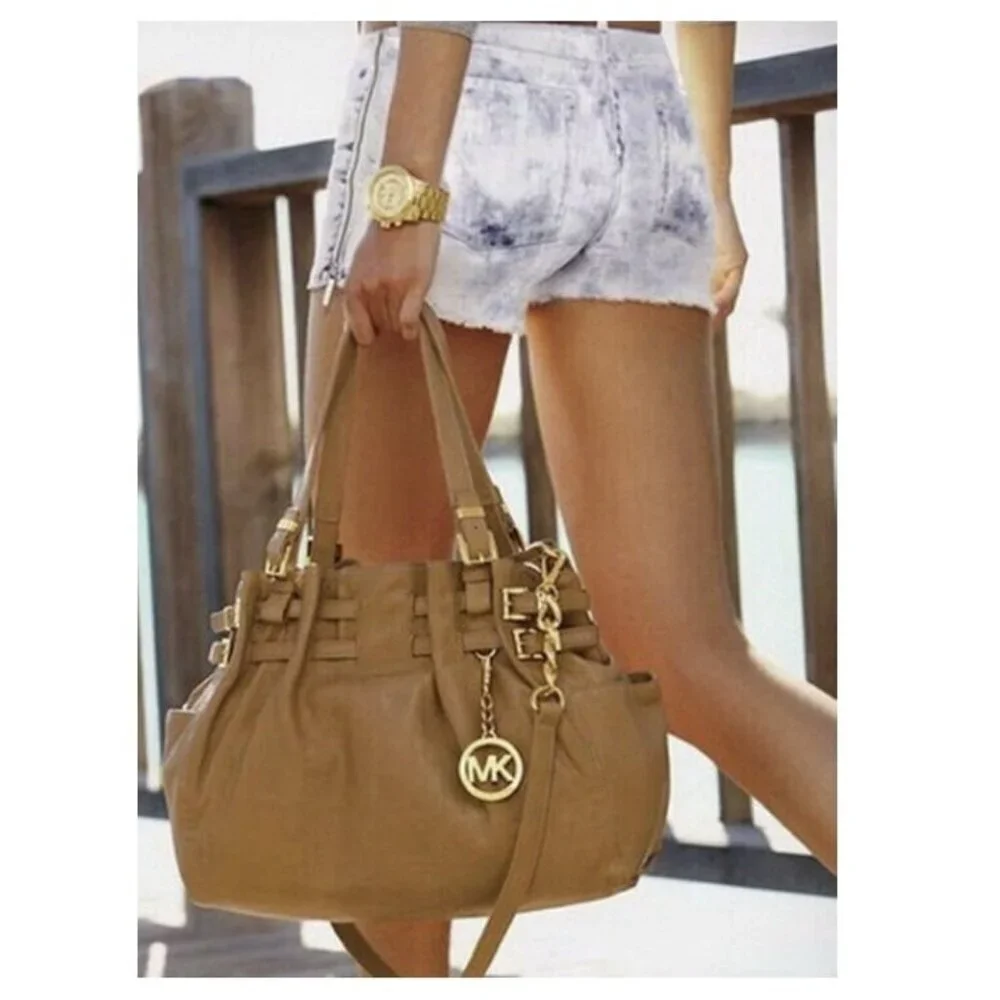Michael Kors Way Leather Buckle Hobo Cinch Chain Tan Shoulder Bag COA